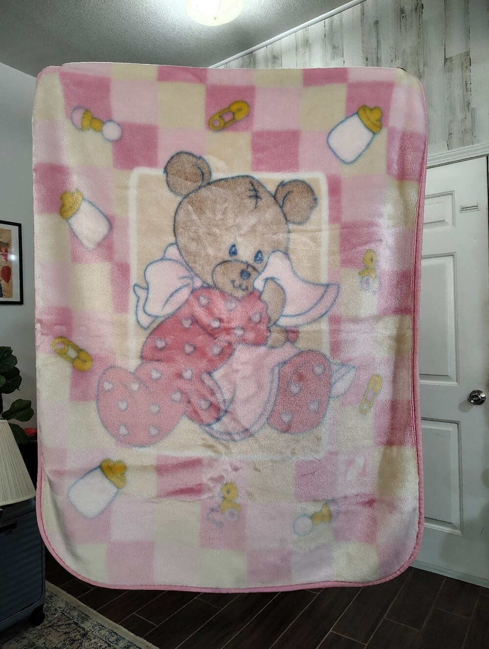 Vtg Novatex Baby Blanket Pink Cuddly Bear Plush Bottle Rattle Safety Pin Minky